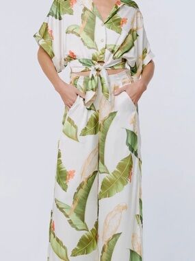Tropical Tie-Front Blouse in White & Green with Matching Wide Leg Pants